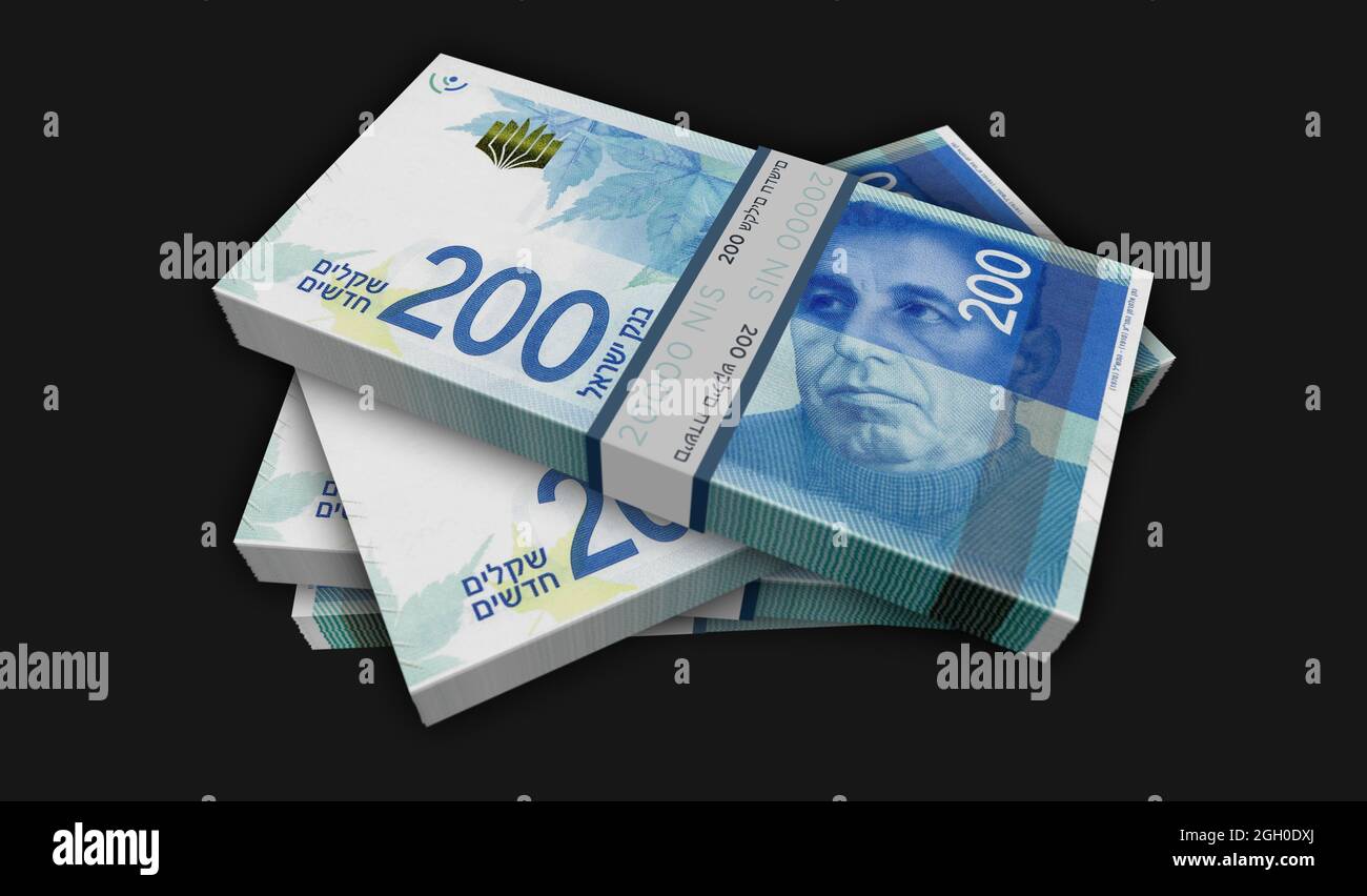 Illustration en 3d du pack d'argent shekel israélien. 200 piles de billets NIS. Concept de finance, de trésorerie, de crise économique, de réussite commerciale, de récession, banque Banque D'Images