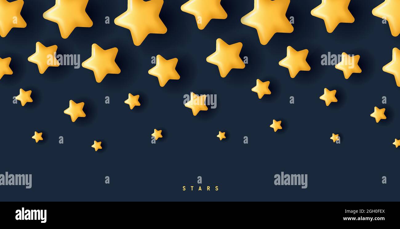 arrière-plan avec des étoiles jaunes 3d de taille décroissante de haut en bas de la composition, icônes de volume sur fond sombre Illustration de Vecteur