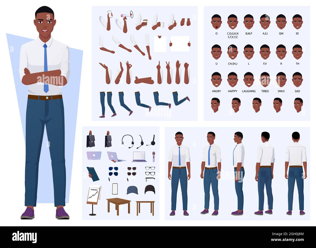 African American Man Character Creation avec des gestes, expressions faciales, et différentes poses design Illustration de Vecteur