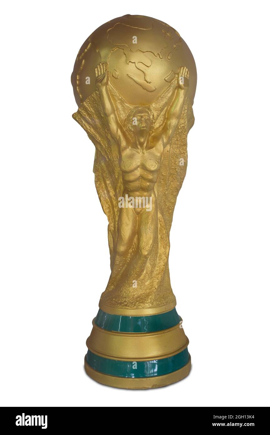 Réplique du trophée de la coupe du monde de la FIFA. Isolé. Banque D'Images