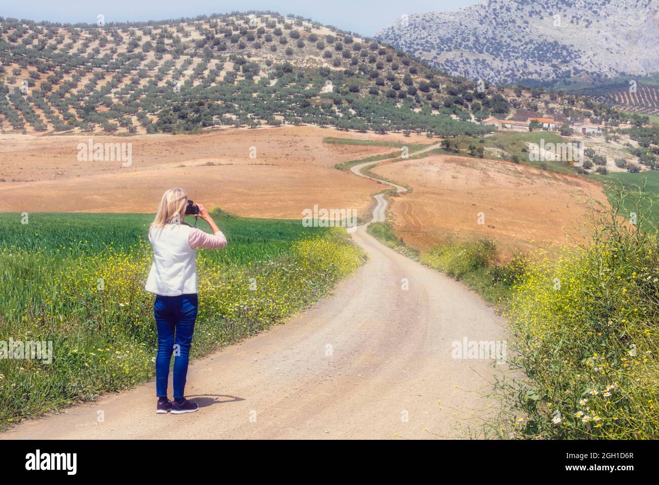 Femme photographiant le paysage avec une piste de campagne sinueuse près de Casabermeja, province de Malaga, Andalousie, sud de l'Espagne. Banque D'Images