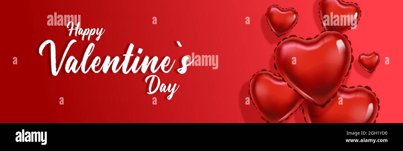 Bannière de la Saint-Valentin avec ballons en forme de cœur et fond rouge. Illustration de Vecteur