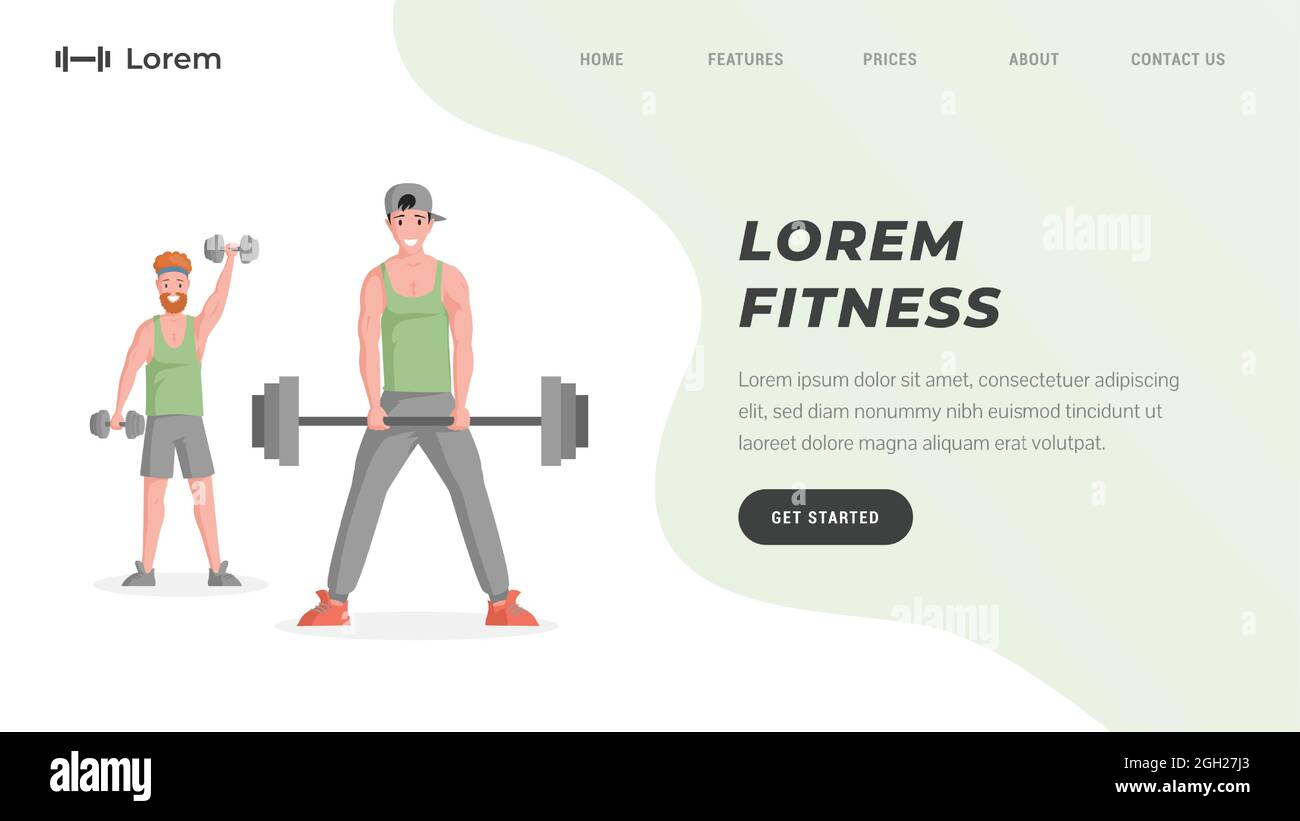 Modèle de site Web d'entraînement en ligne ou de studio de fitness avec espace texte. Joyeux souriant hommes levant des haltères et des cloches et faisant des exercices de sport vecteur plat illustration. Un mode de vie sain. Illustration de Vecteur