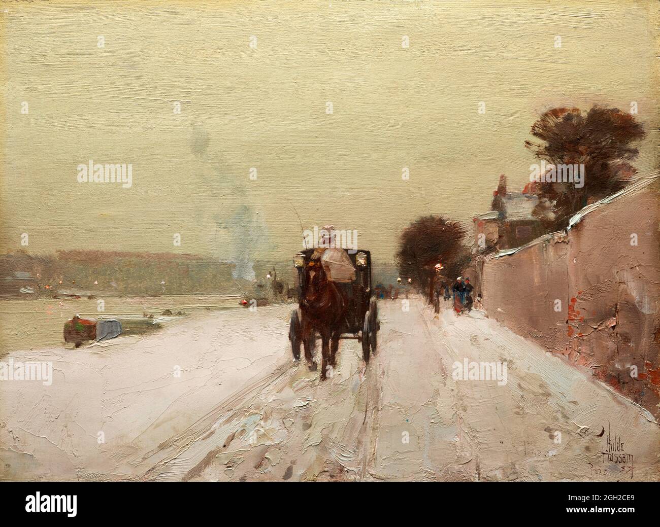 Le long de la Seine en hiver par Childe Hassam (1859-1935), huile sur bois, 1887 Banque D'Images