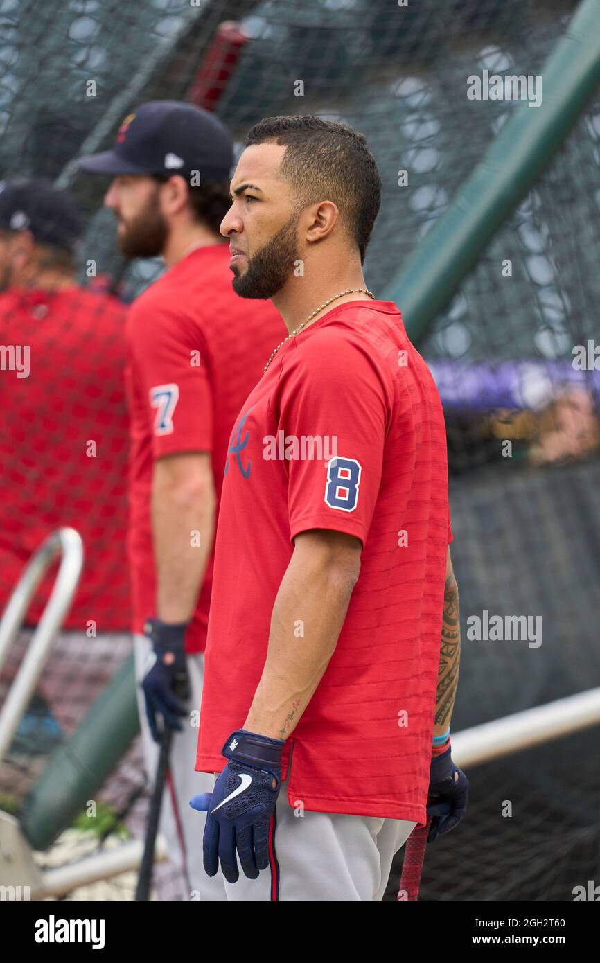 Denver CO, États-Unis. 3 septembre 2021. Atlanta a laissé Eddie Rosario (8) pendant le match de pré avec Atlanta Braves et Colorado Rockies tenu à Coors Field dans Denver Co. David Seelig/Cal Sport Medi. Crédit : csm/Alay Live News Banque D'Images