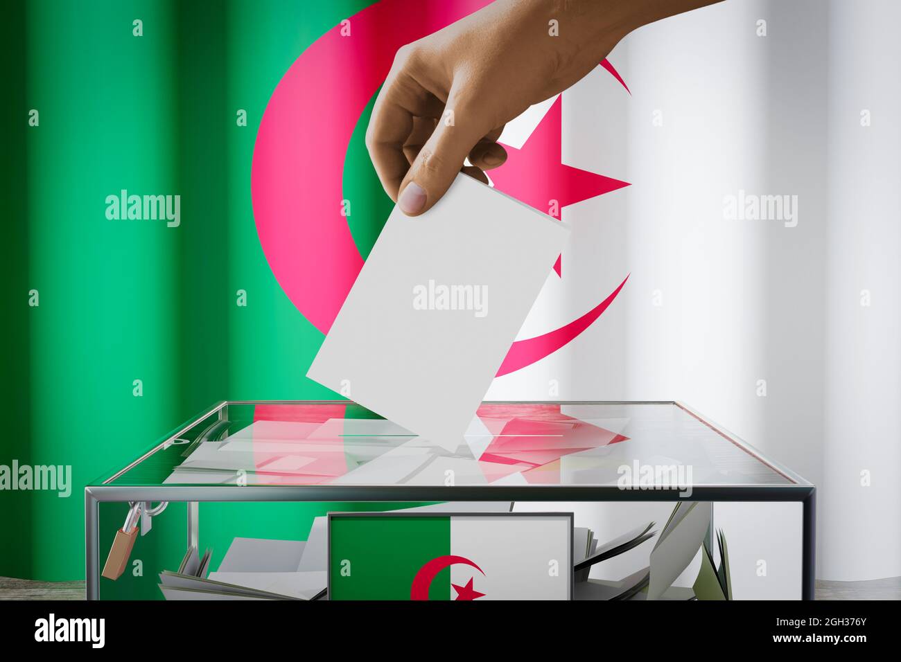 Drapeau algérien, déposer la carte de vote dans une boîte - vote, concept  d'élection - illustration 3D Photo Stock - Alamy