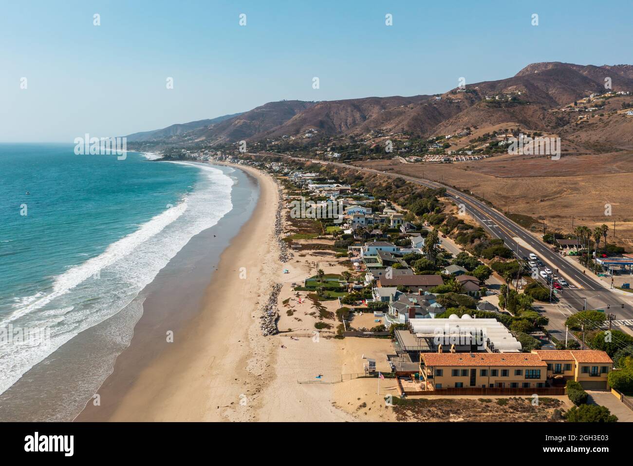 Propriétés de luxe en bord de mer à Malibu, Californie, vue sur les drones Banque D'Images
