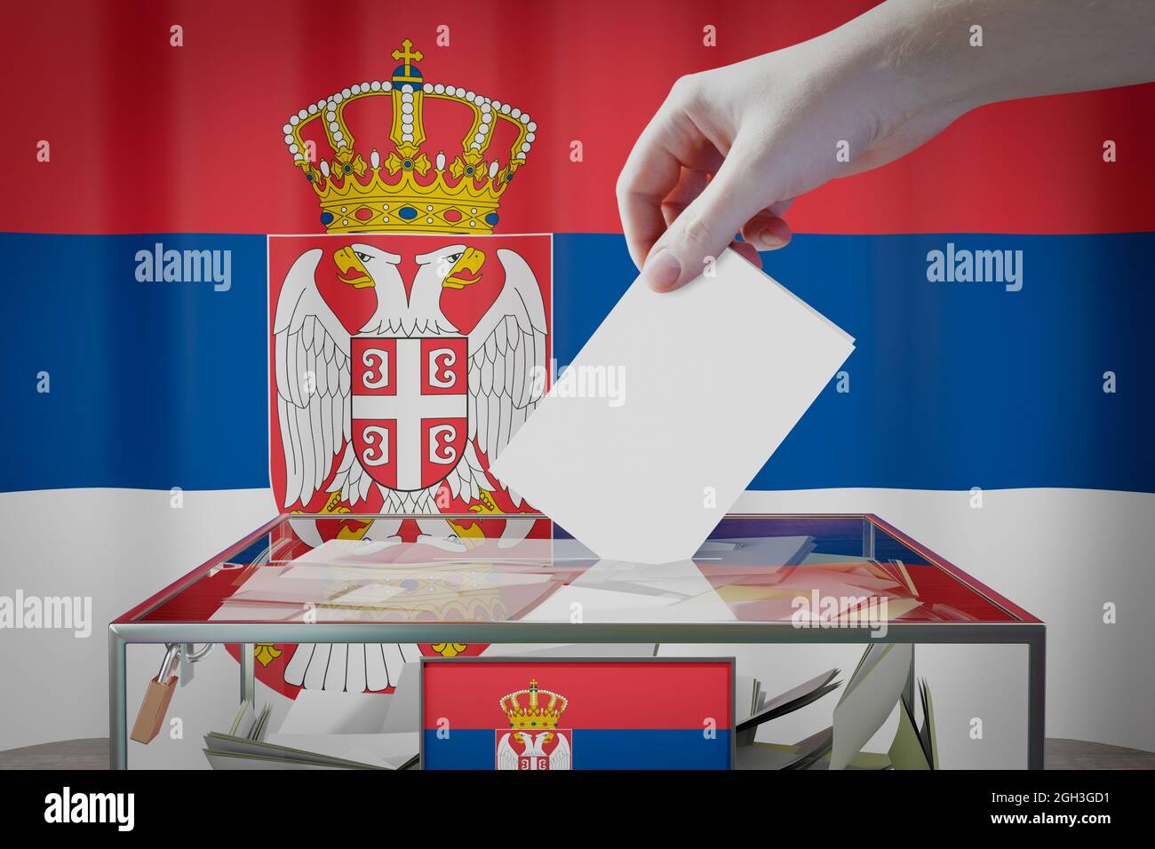 Drapeau de Serbie, déposer la carte de vote dans une boîte - vote, concept d'élection - illustration 3D Banque D'Images