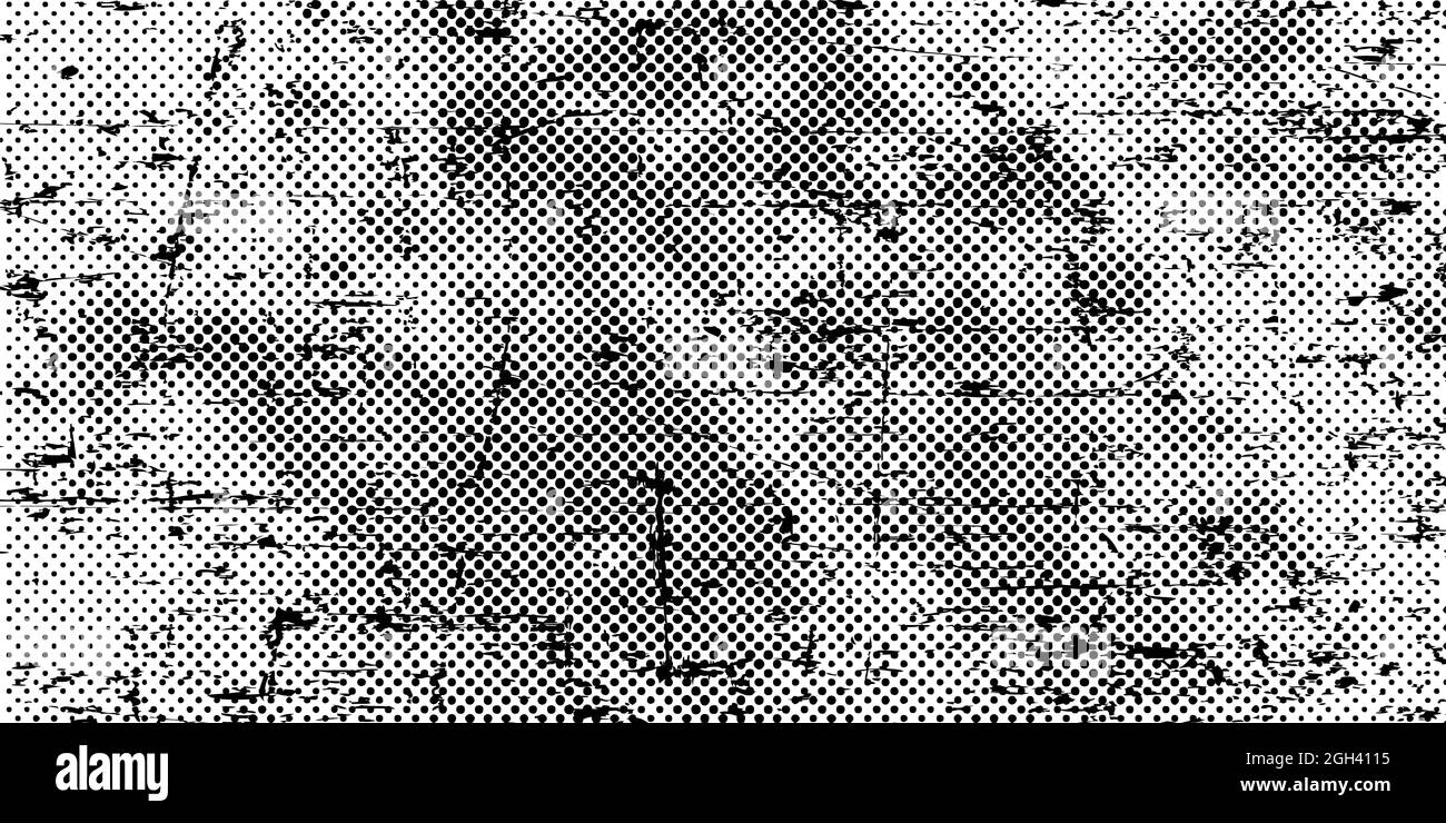 Arrière-plan grungy noir en demi-teinte pointillée craquelée. Texture de détresse des taches, taches, encre, points, rayures. Élément de design artistique sale pour le Web, l'impression Illustration de Vecteur