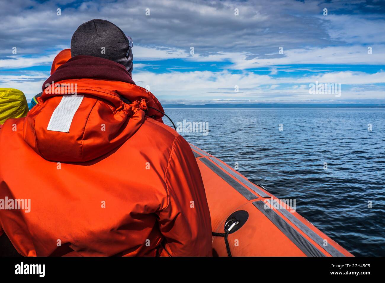 Passager d'un bateau gonflable avec son gilet de sauvetage lors d'une  croisière d'observation des baleines à Tadoussac, Québec (Canada Photo  Stock - Alamy