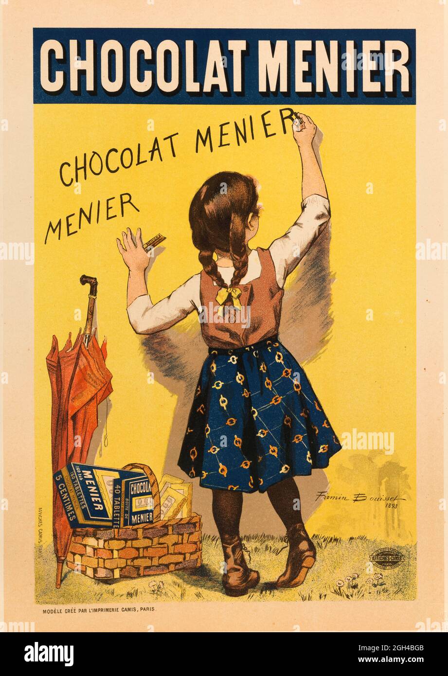 Illustration de la jeune fille portant la robe et les cheveux tressés vus de derrière écrit les mots chocolat Menier sur le mur jaune affiche publicitaire française de 1892, artiste: Firmin Bouisset Banque D'Images