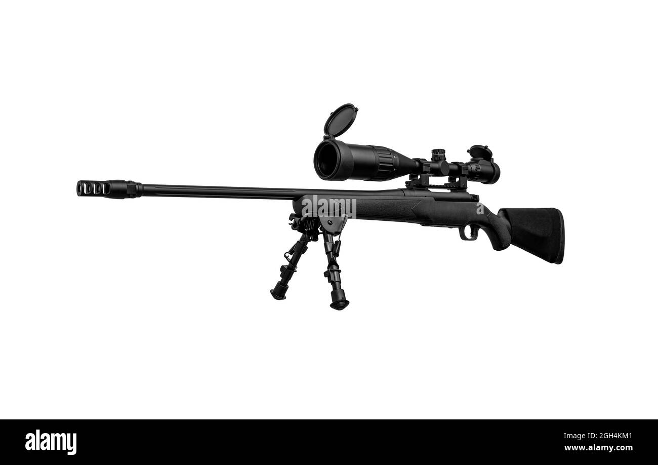Un fusil de sniper à boulonner moderne avec une vue télescopique se trouve sur un bipod. Arme pour les prises de vue longue portée. Armement de la police de l'armée et spécial pour Banque D'Images