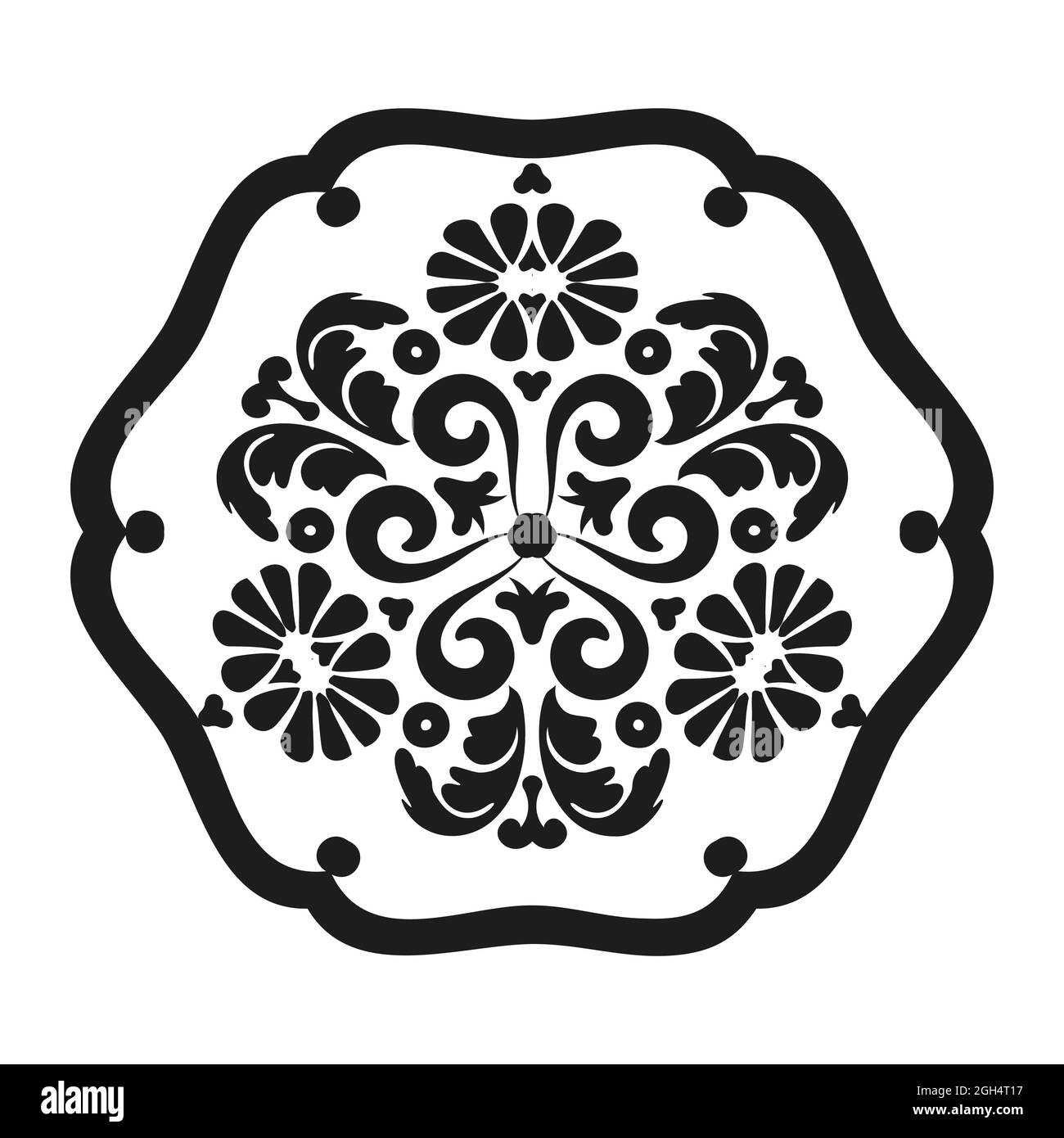 Décoration ronde décorative de style ancien. Mandala de fleur. Motif damassé pour la découpe au laser, la dentelle, le tatouage. Noir et blanc. Illustration de Vecteur