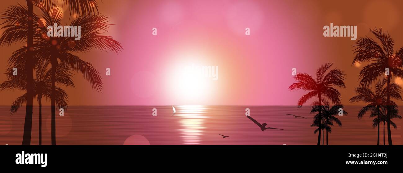 salon de nuit vue sur l'océan tropical avec un bateau, des palmiers et des oiseaux. coucher de soleil paysage marin bannière exsotique chaude Banque D'Images