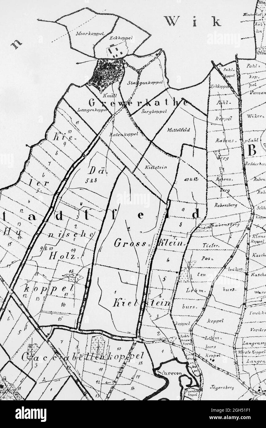 Détail de la carte historique de tous les biens immobiliers de la ville de Kiel en l'an 1846, illustration, Schleswig-Holstein, Allemagne du Nord, Banque D'Images