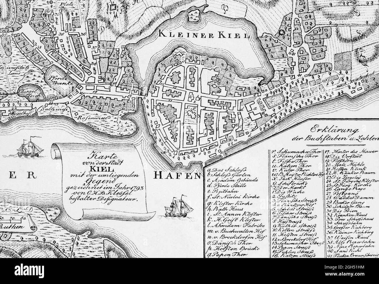 Carte historique de la ville de Kiel et des champs environnants en 1793, échelle mesure en orthen, illustration, Schleswig-Holstein, Allemagne du Nord, Banque D'Images