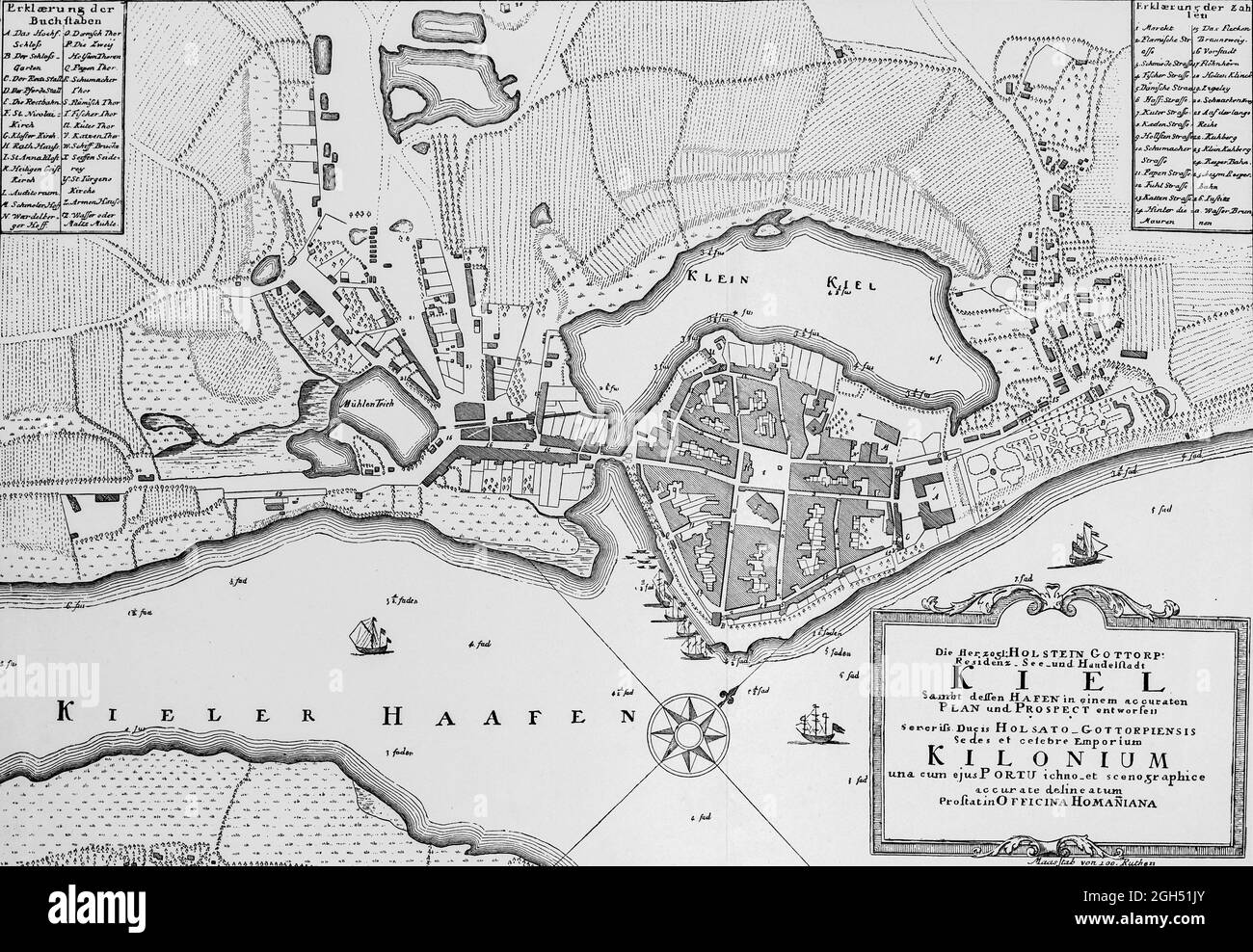 Carte historique de Kiel ou Kilium vers 1800, résidence Dukal de Holstein-Gottorf, illustration , Schleswig-Holstein, Allemagne du Nord, Banque D'Images
