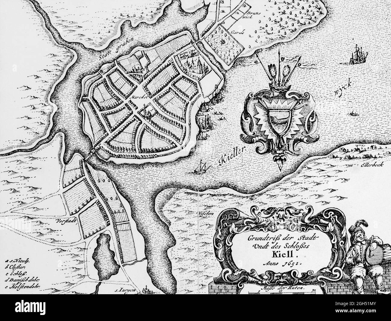 Carte historique de la ville de Kiel et du château de Kiel ou Kiell en 1652, les jardins du château et le quartier de Brunswik, illustration, , Schleswig-Holstein, Allemagne du Nord, Banque D'Images