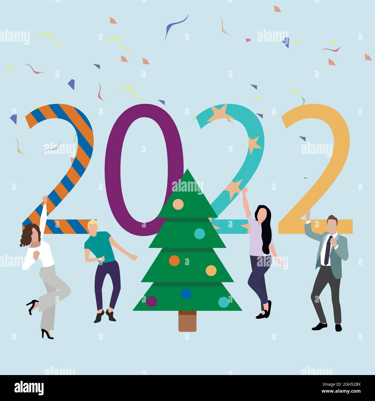 Fête nouvel an 2022. Amis dansant autour de l'arbre de noël. Des gens heureux qui fêtent et apprécient la nouvelle année. Illustration vectorielle. Décoration sapin- Illustration de Vecteur