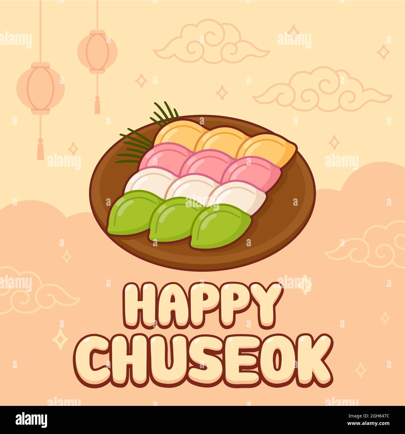 Happy Chuseok, vacances d'automne en Corée, festival de la récolte. Carte de voeux à motif dessin animé avec gâteaux de riz Songpyeon. Illustration de clip art vectoriel. Illustration de Vecteur