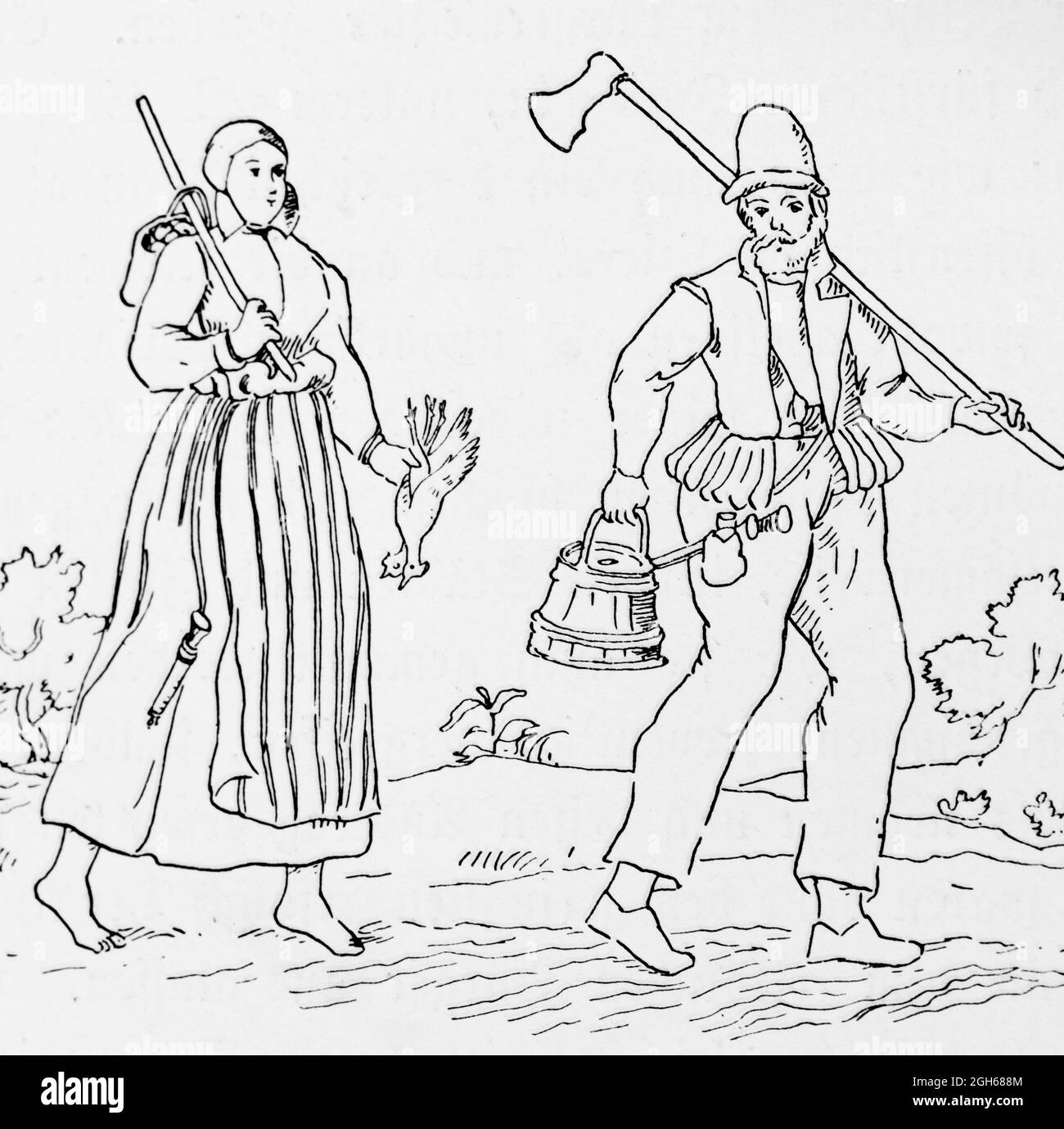 Homme âgé et femme d'âge moyen marchant dans la campagne, anno 1500, gravure historique de 1899, Kiel, Schleswig-Holstein, Allemagne du Nord, Banque D'Images