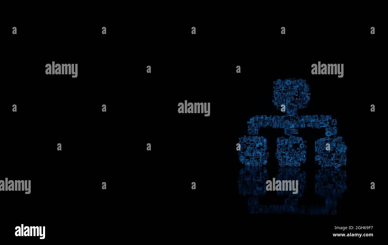 rendu 3d de diverses pièces mécaniques brillantes à fil bleu en forme de symbole de réseau d'un principal et de trois autres rectangles isolés sur fond noir Banque D'Images