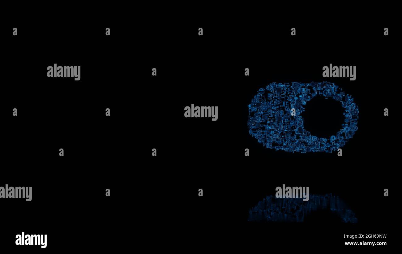 rendu 3d de diverses pièces mécaniques brillantes à fil bleu en forme de symbole du bouton de commutation sur un arrière-plan noir isolé avec réflexion sur le sol Banque D'Images