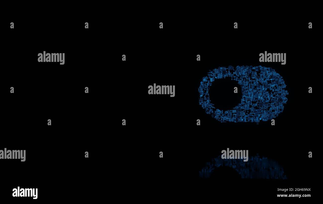 rendu 3d de diverses pièces mécaniques brillantes à fil bleu en forme de symbole du bouton de commutation avec une coche isolée sur fond noir avec réflecti Banque D'Images