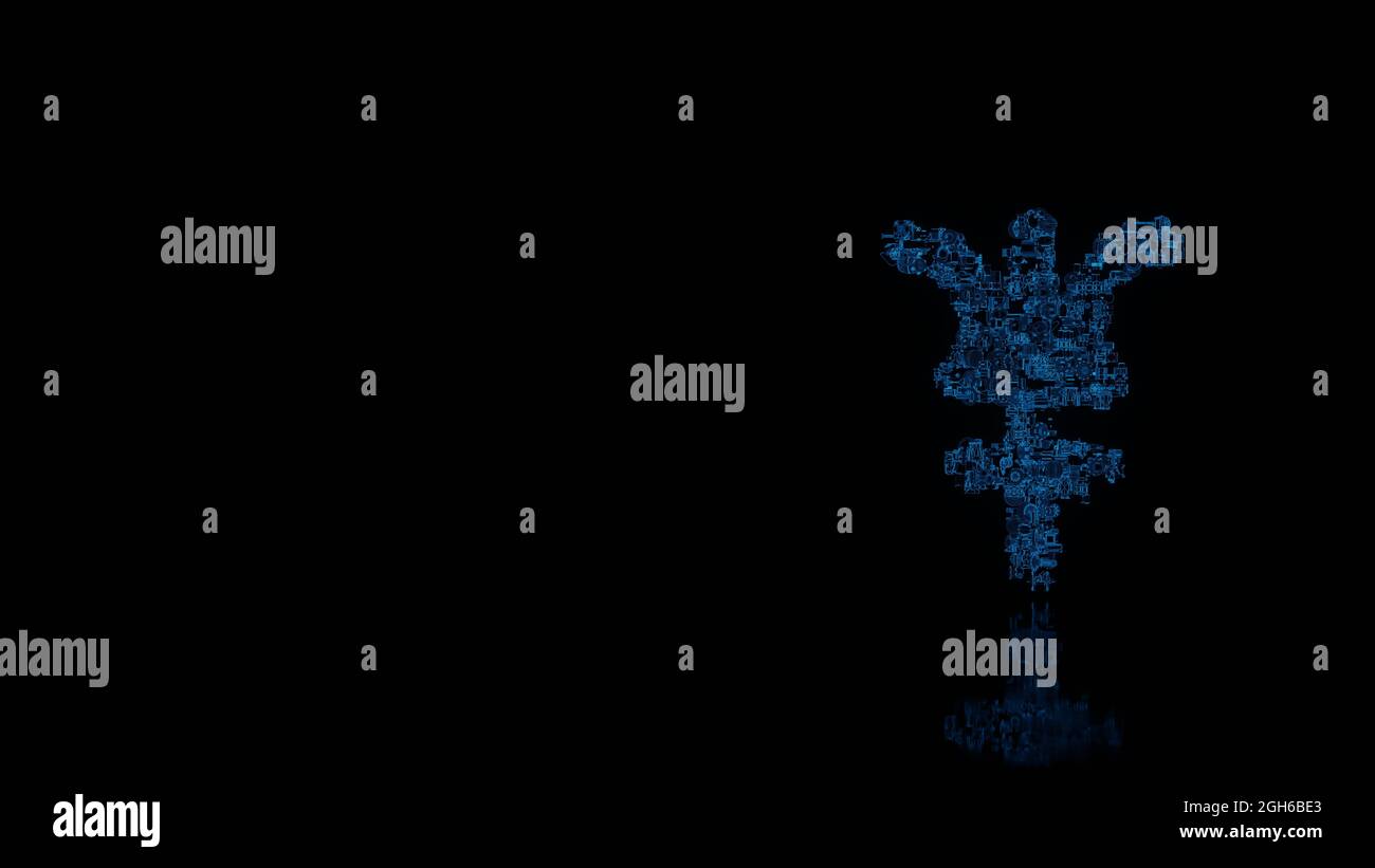 Rendu 3d diverses pièces mécaniques brillantes à fil bleu en forme de symbole du symbole Neptune isolé sur fond noir avec réflexion sur le sol Banque D'Images