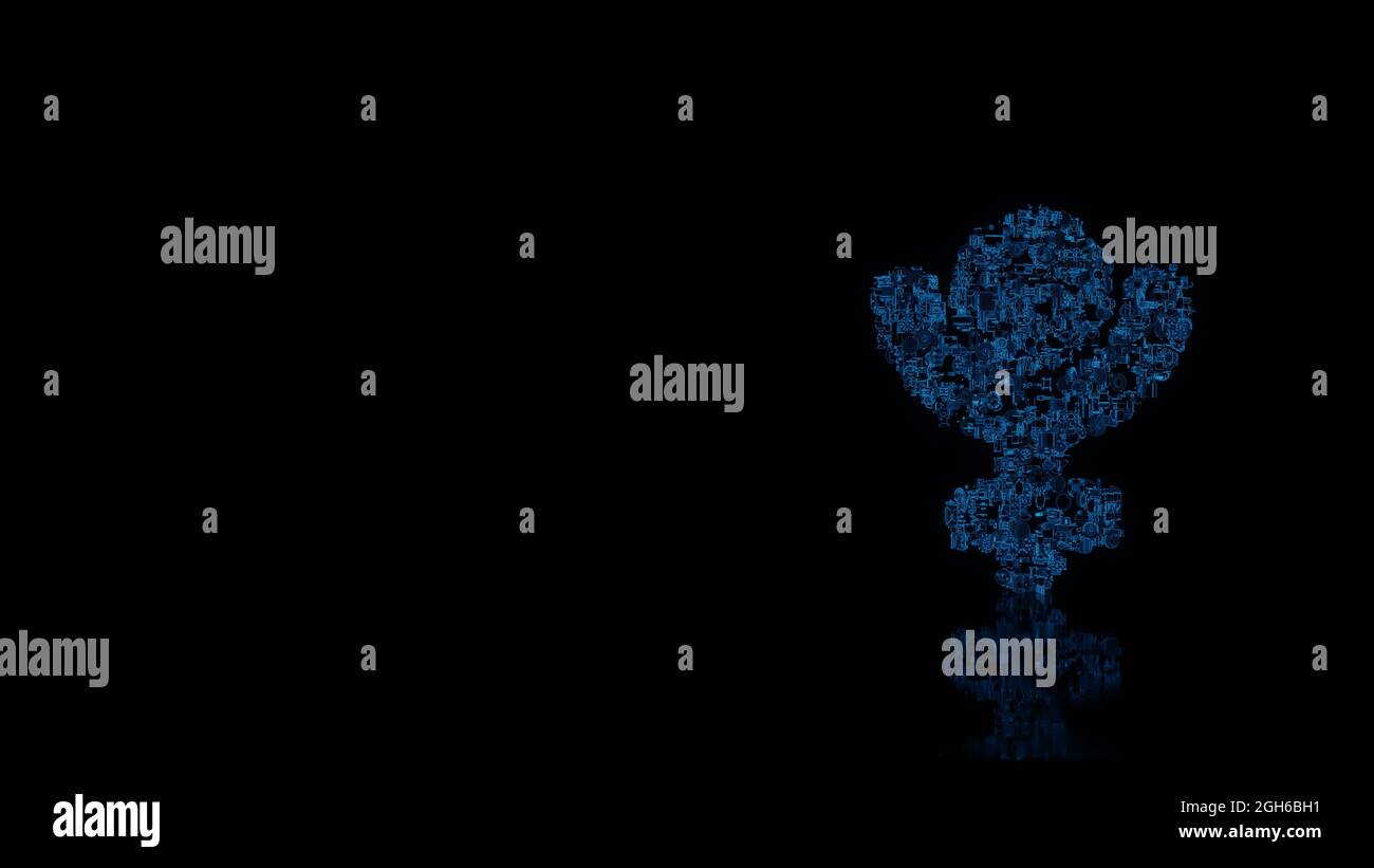 rendu 3d de diverses pièces mécaniques brillantes à fil bleu en forme de symbole de la planète Pluton dans l'espace isolé sur fond noir avec réflexion o Banque D'Images
