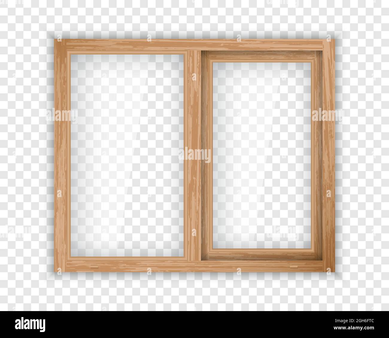 Fenêtre réaliste avec cadre en bois. Gabarit de maquette de fenêtre en bois à double vitrage. Cadre de pare-brise et panneau transparent pour intérieur extérieur Illustration de Vecteur