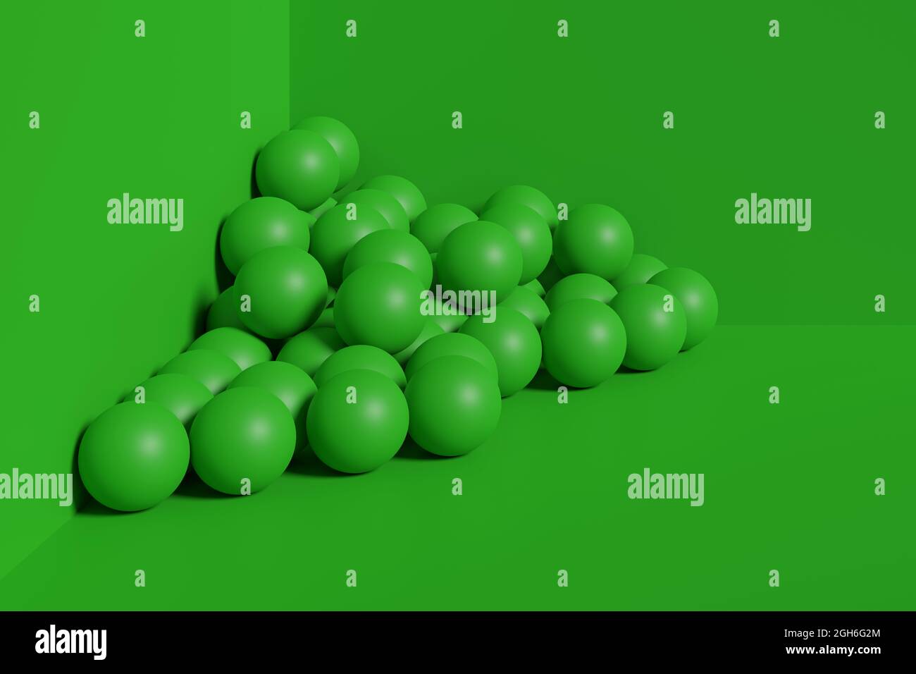 Sphères vertes dans un coin. illustration 3d. Banque D'Images