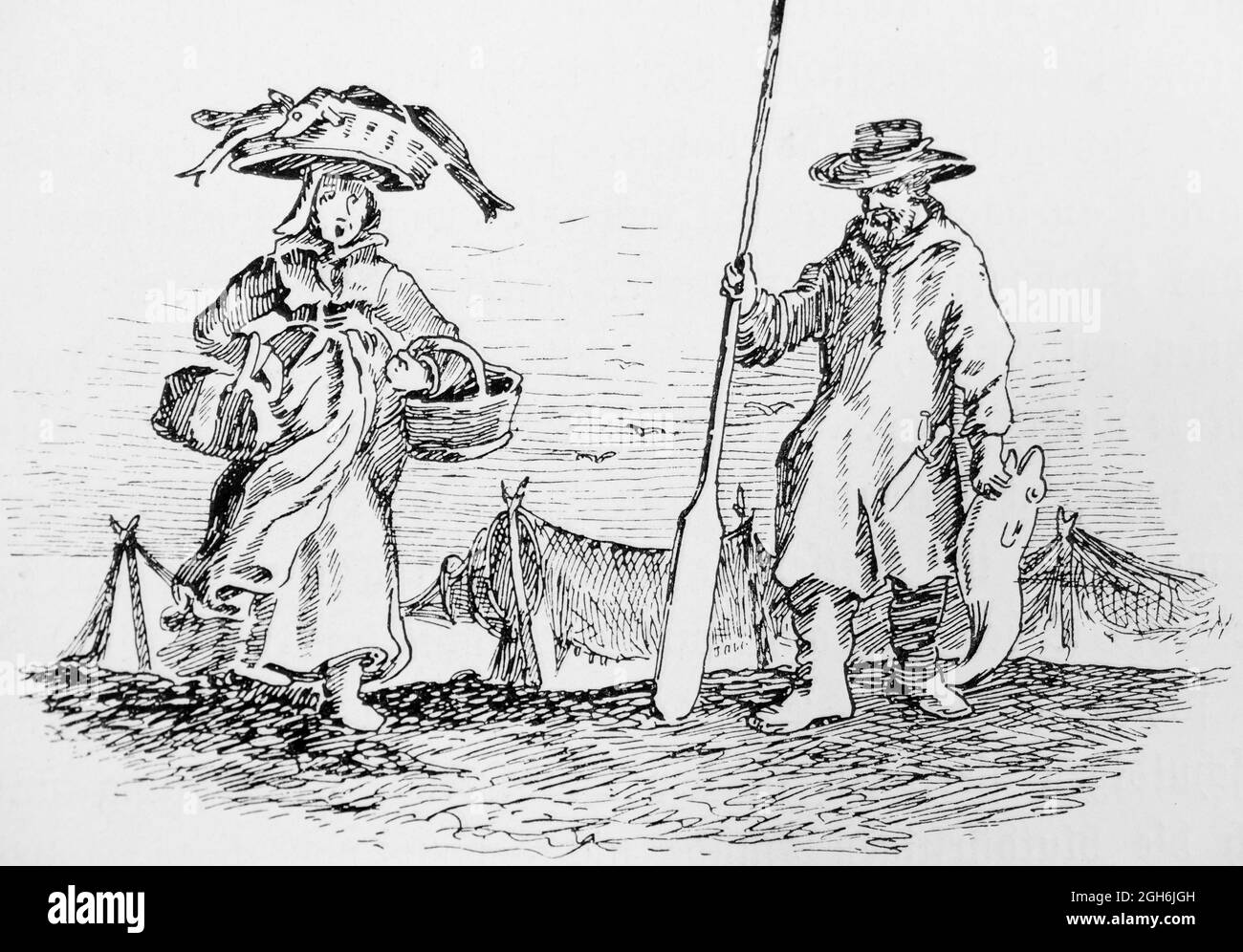 Pêcheur et sa femme vendant des poissons environ anno 1650, gravure historique de 1899, Kiel, Schleswig-Holstein, Allemagne du Nord, Banque D'Images