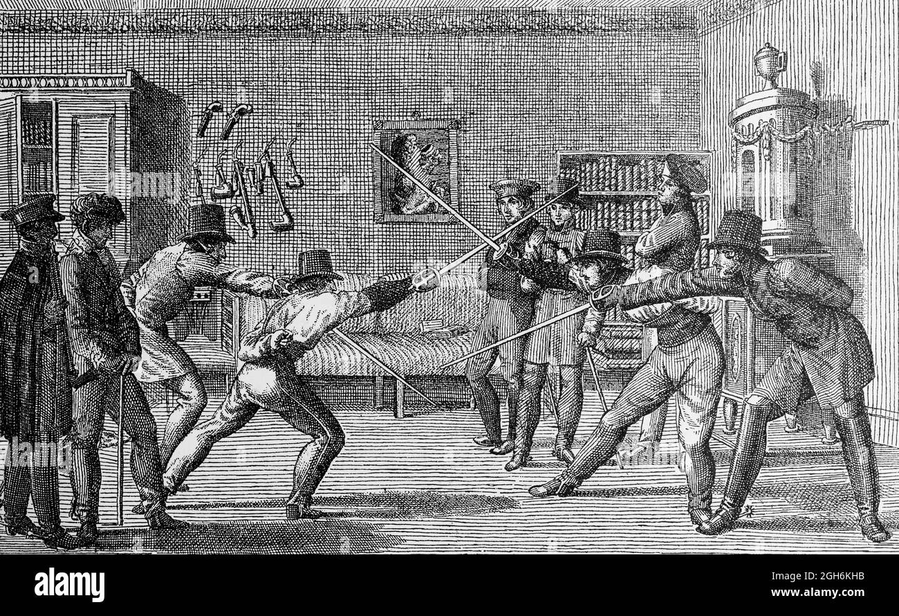 Étudiants de Göttingen dueling, scène vers 1816 dans une gravure historique de 1899, Kiel, Schleswig-Holstein, Allemagne du Nord, Banque D'Images
