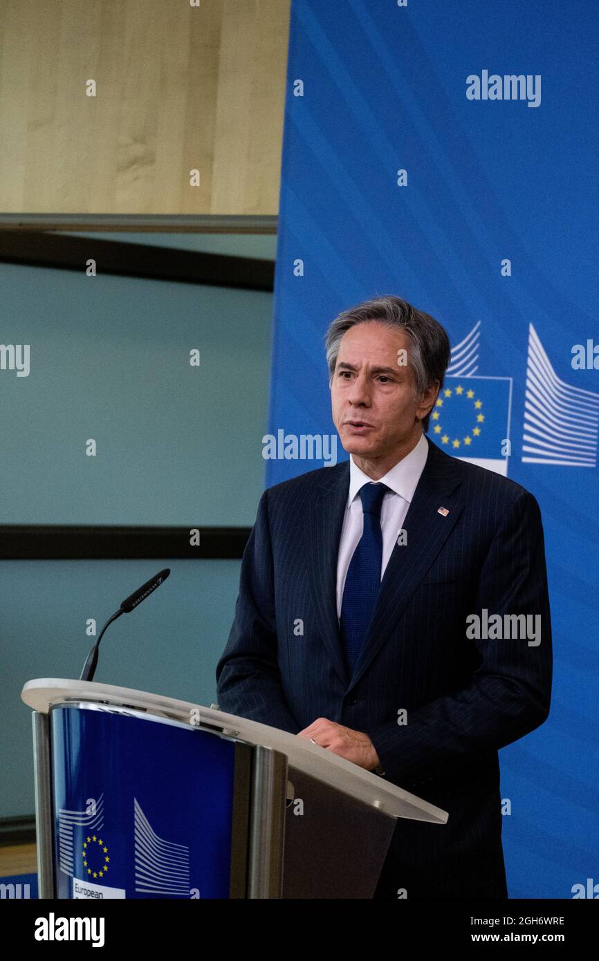 Déclaration à la presse d'Antony Blinken, secrétaire d'État américain à la Commission européenne. Bruxelles. Banque D'Images