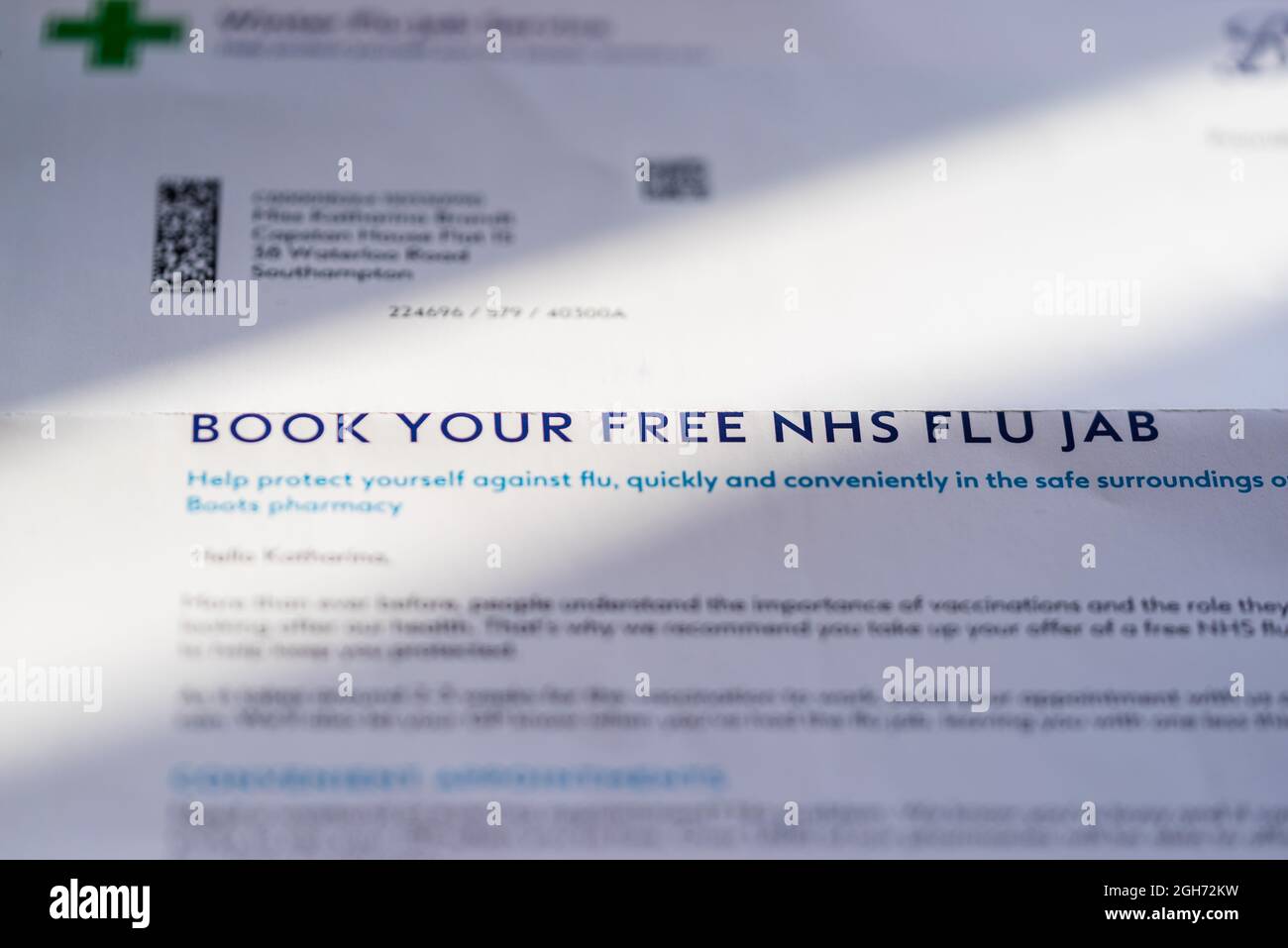 Réservez votre invitation gratuite NHS grippe Jab lettre, Angleterre, Royaume-Uni Banque D'Images