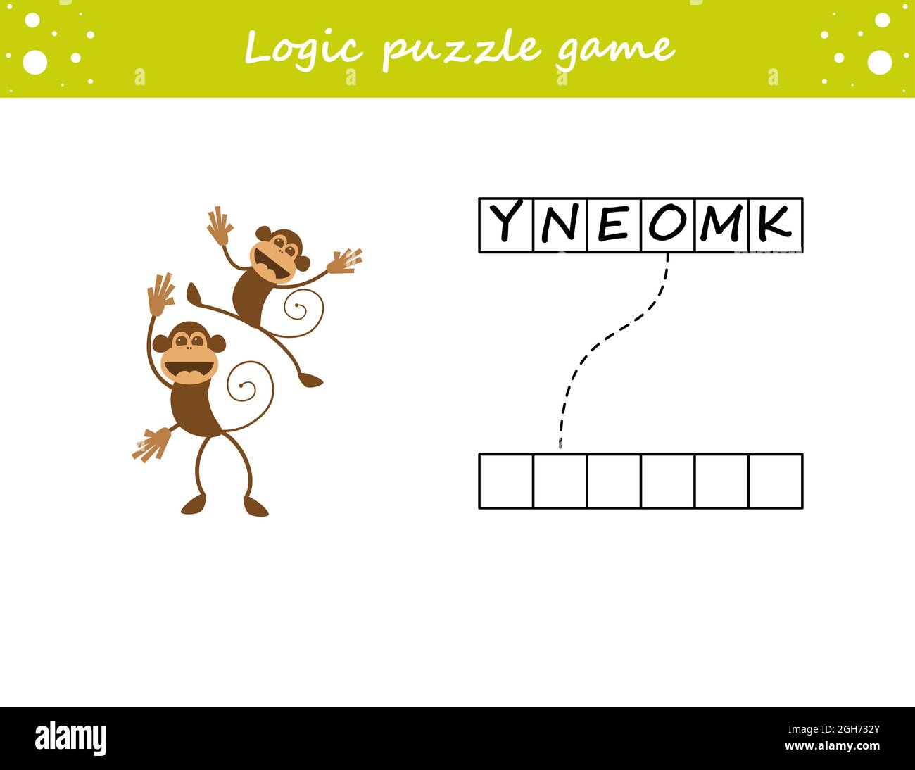 Jeu de puzzle logique. Apprendre des mots singe en anglais. Recherchez le nom masqué. Page d'activité pour l'étude en anglais. Jeu pour enfants. Illustration de Vecteur