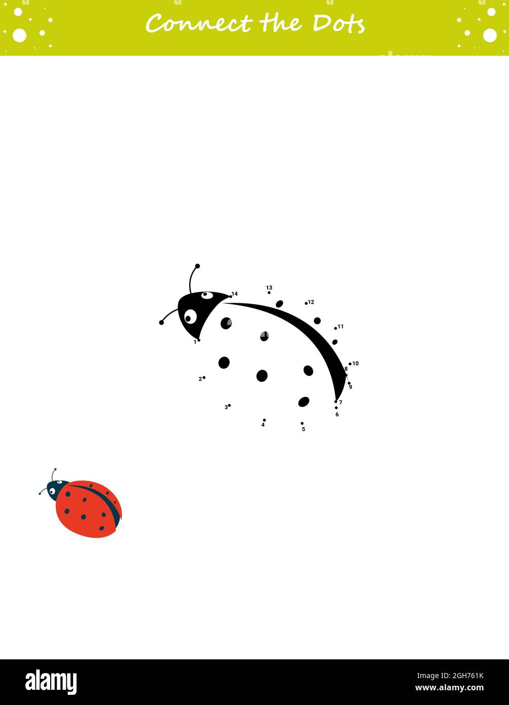 Nous dessinons une coccinelle. Point à point. Tracez une ligne. Jeu pour tout-petits. Des numéros d'apprentissage pour les enfants. Feuille de travail de développement de l'éducation. Illustration de Vecteur