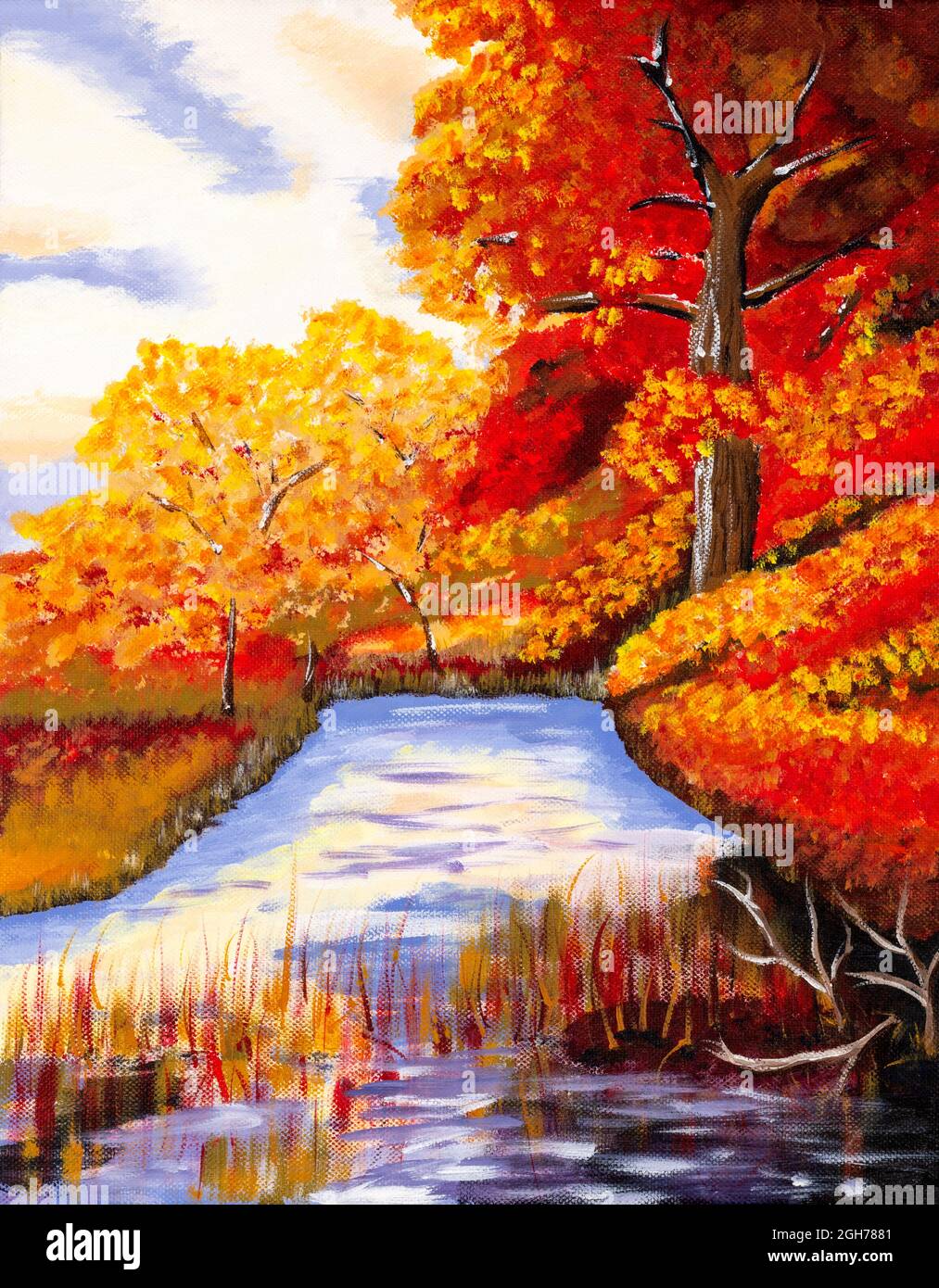 Peinture de style naïf représentant un paysage de campagne avec un ruisseau. Couleurs strident d'apprêt. Banque D'Images