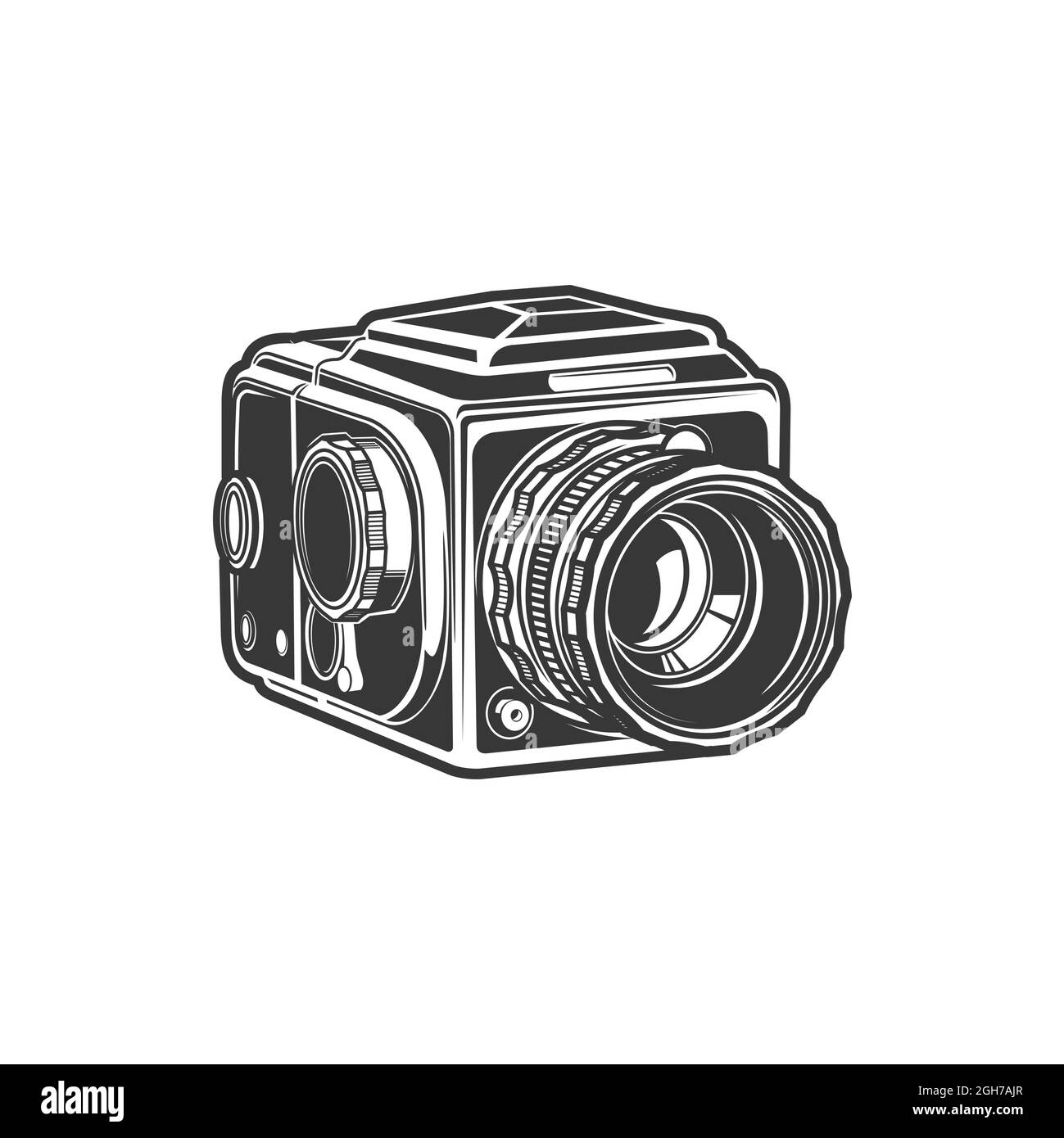 Photo-appareil photo symbole caméra vintage isolée avec zoom optique pliable ou icône monochrome en verre d'objet. Prise de vue de photocamera analogique vectoriel Illustration de Vecteur