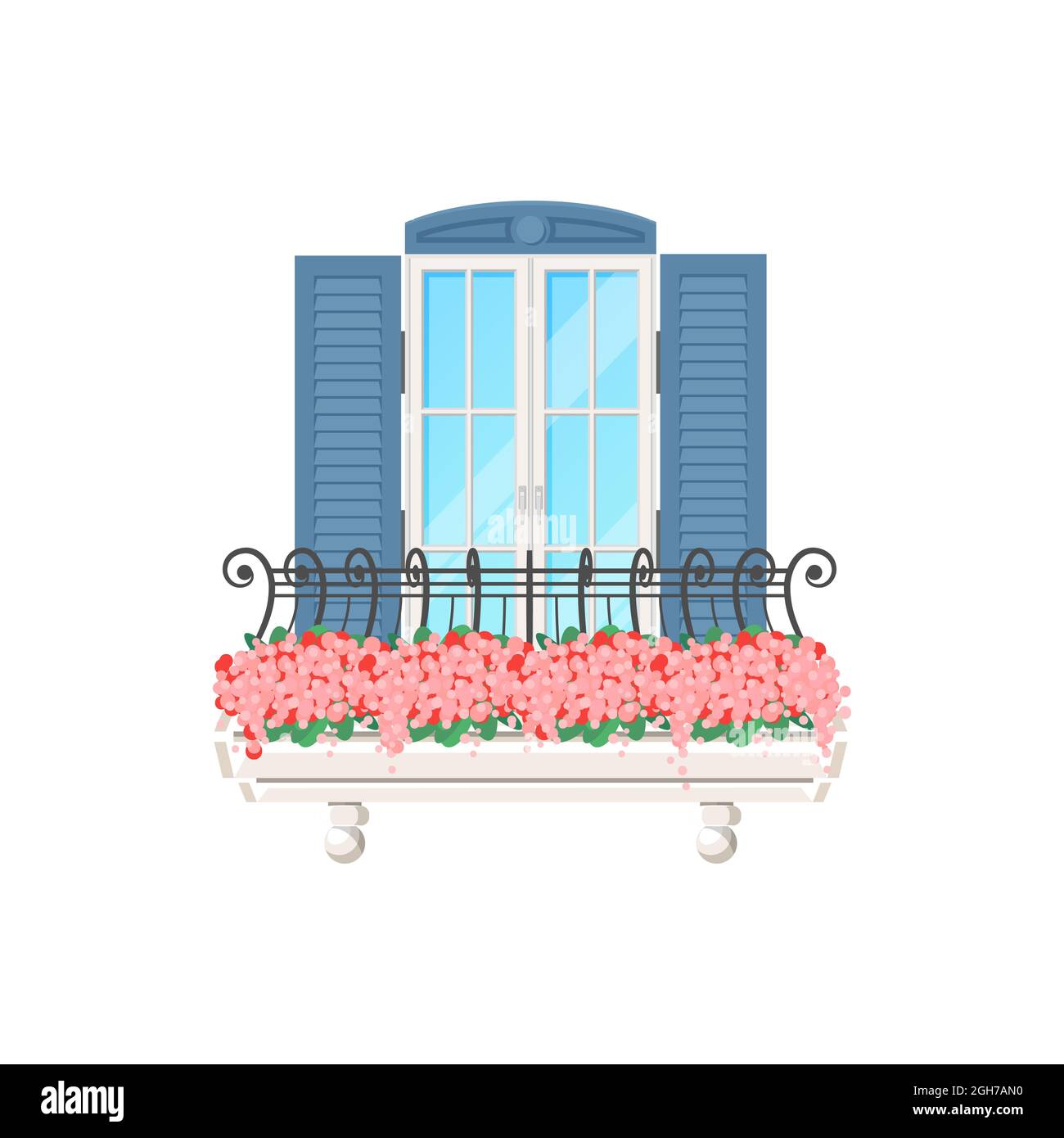 Maison avec balcon avec fenêtre, bâtiment à façade ancienne, appartements à appartements vectoriels banister. Balcon avec stores et porche en treillis forgé avec flo Illustration de Vecteur