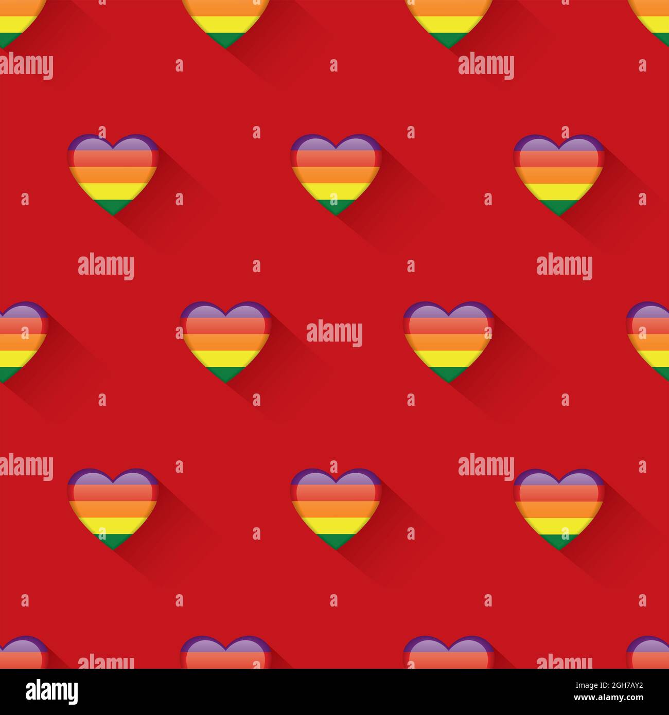 Motif sans couture de coeur brillant arc-en-ciel sur fond rouge, le concept de motif LGBT. Banque D'Images