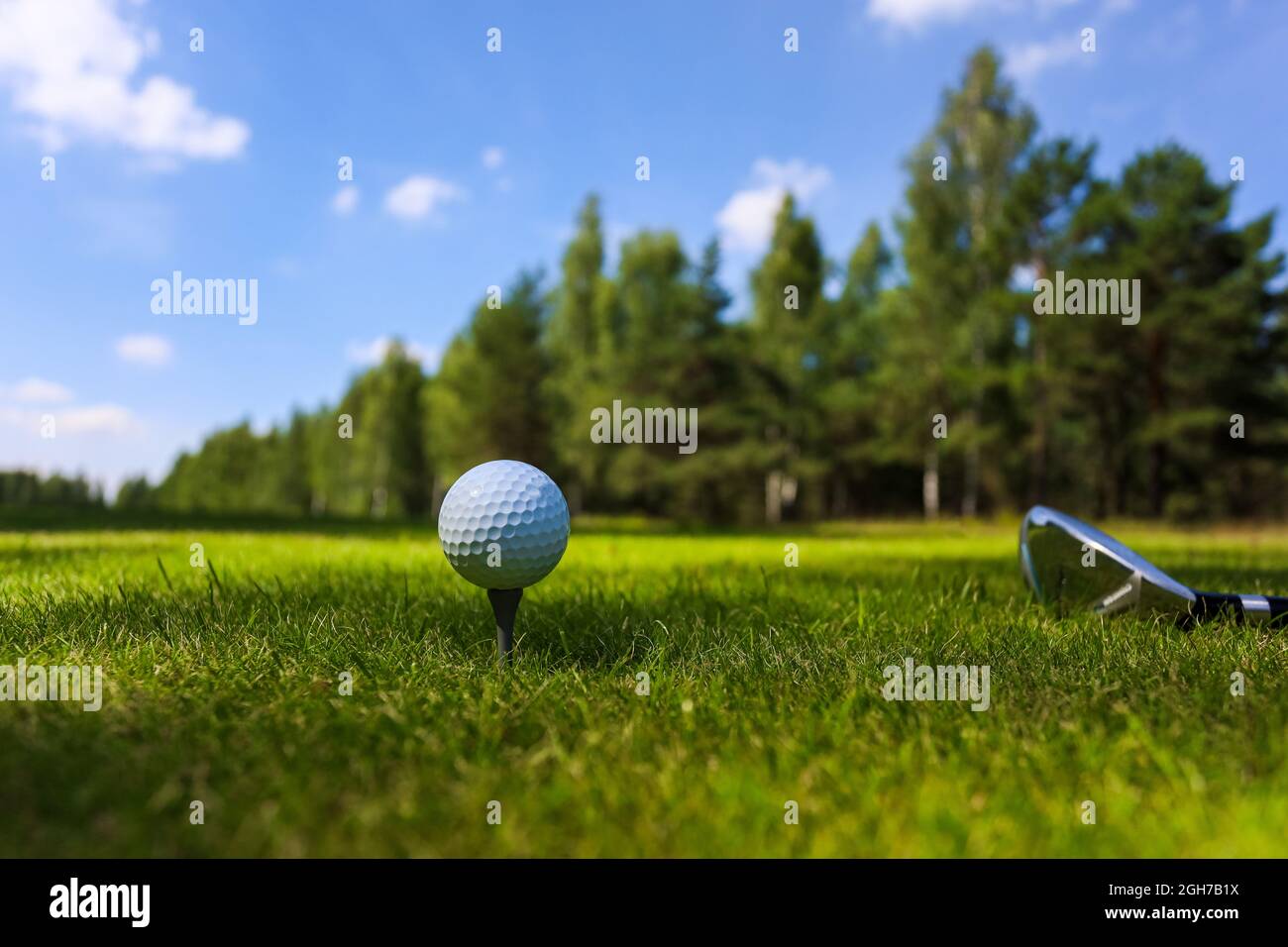 Partie basse de l'homme jouant au golf à l'aire d'échauffement sur un terrain vert Banque D'Images