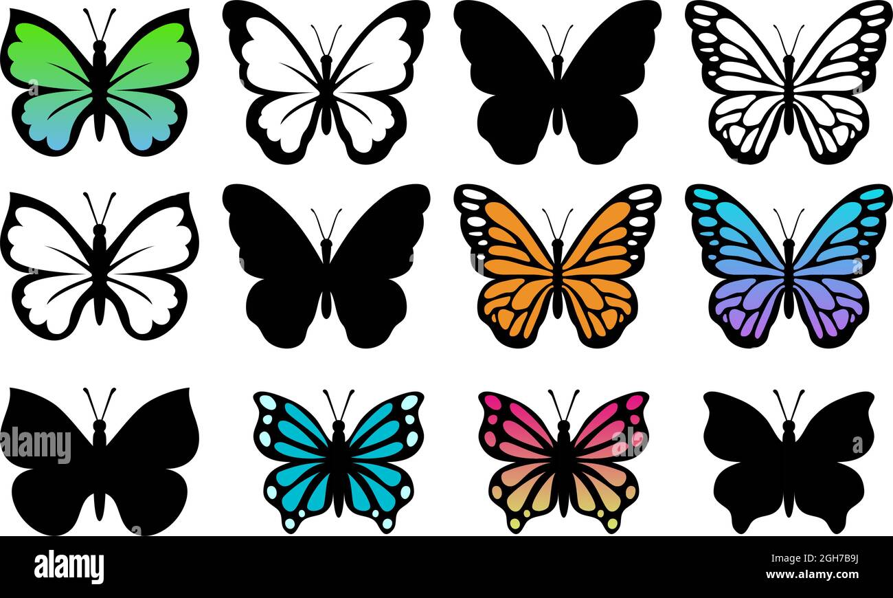 collection vectorielle de beaux insectes papillons isolés sur fond blanc. silhouette de papillons tropicaux colorés. illustration de la nature estivale Illustration de Vecteur