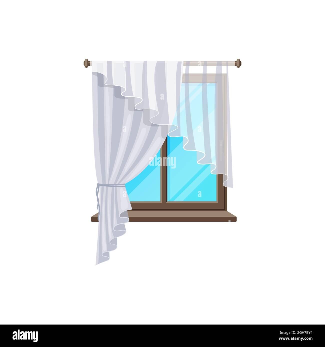 Stores de rideau de fenêtre sur cadre en verre plat, champ intérieur  vectoriel de couleur blanche rétro ou tulle de drapery transparent avec  plis. Fenêtre en bois avec rebord de fenêtre et