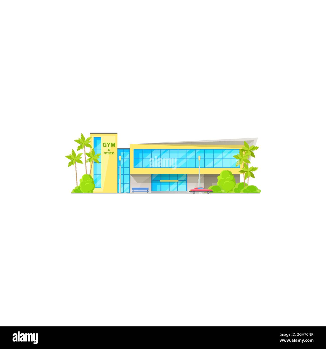 Centre de remise en forme ville tropicale architecture bâtiment façade extérieure avec palmiers isolé icône de dessin animé. Vector Gymnastic activité gym, entraînement de la lance Illustration de Vecteur