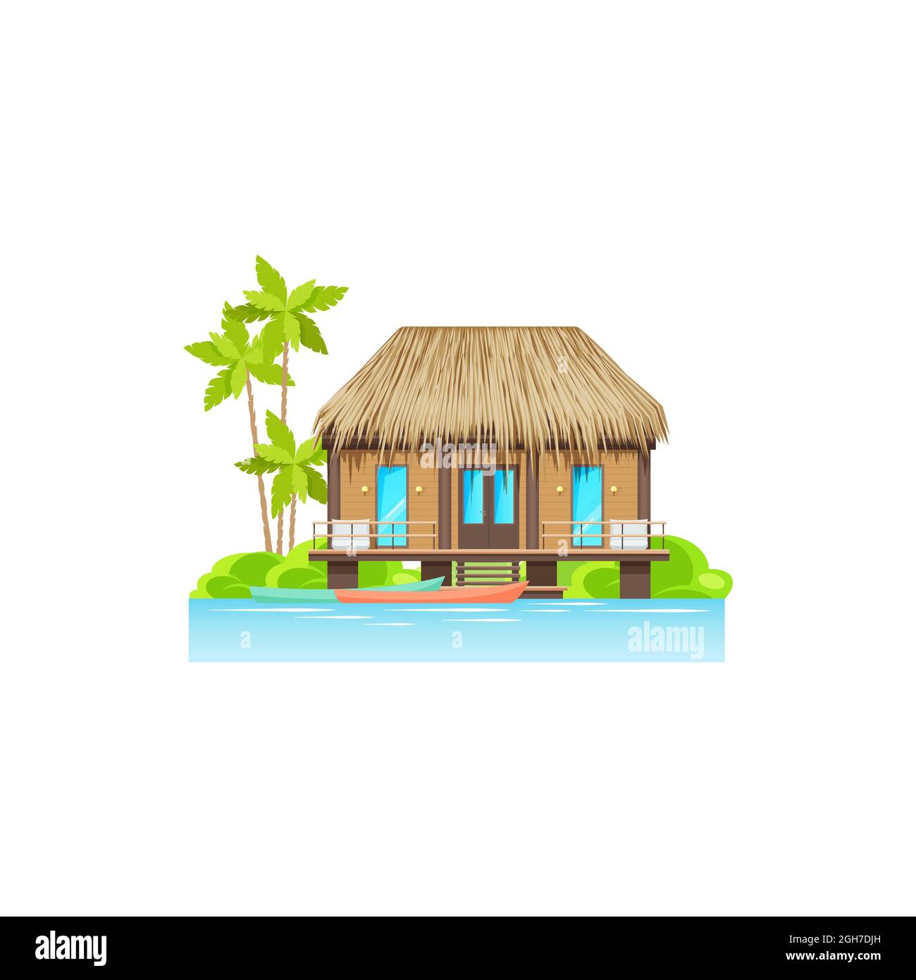 Maison tropicale en bois sur l'eau sur le bord de mer de l'île à la mer ou sur la plage de l'océan, coût de la rivière avec des bateaux de canoë, bungalow avec balcon jetée. Bâtiment à Seasho Illustration de Vecteur