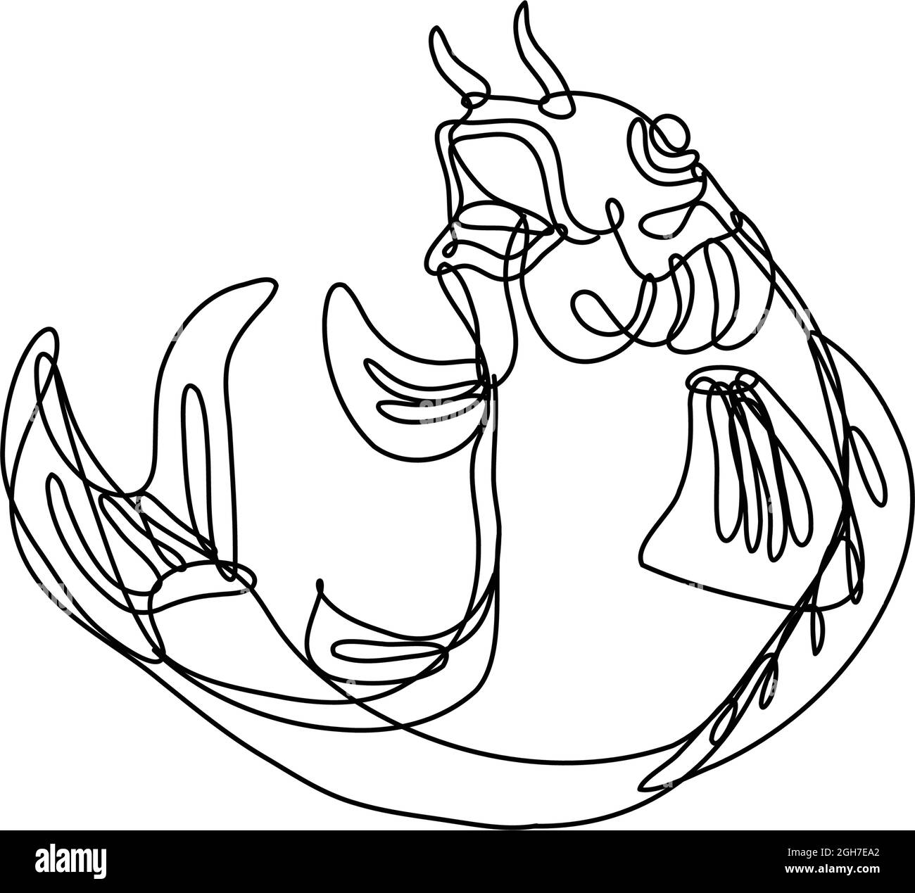 Dessin de ligne continue illustration d'un poisson de carpe nishikigoi koi sautant fait en ligne mono ou en style doodle en noir et blanc sur le backgro isolé Illustration de Vecteur