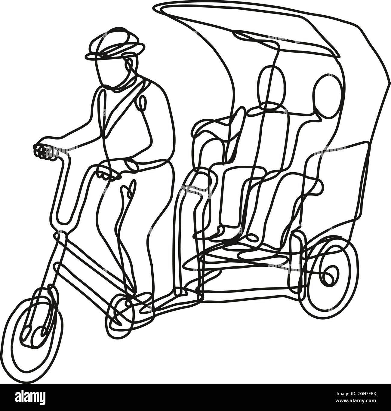 Dessin en ligne continue illustration d'un toktok tok tok ou tricycle à 3 roues fait en ligne simple ou en forme de doodle en noir et blanc sur bac isolé Illustration de Vecteur