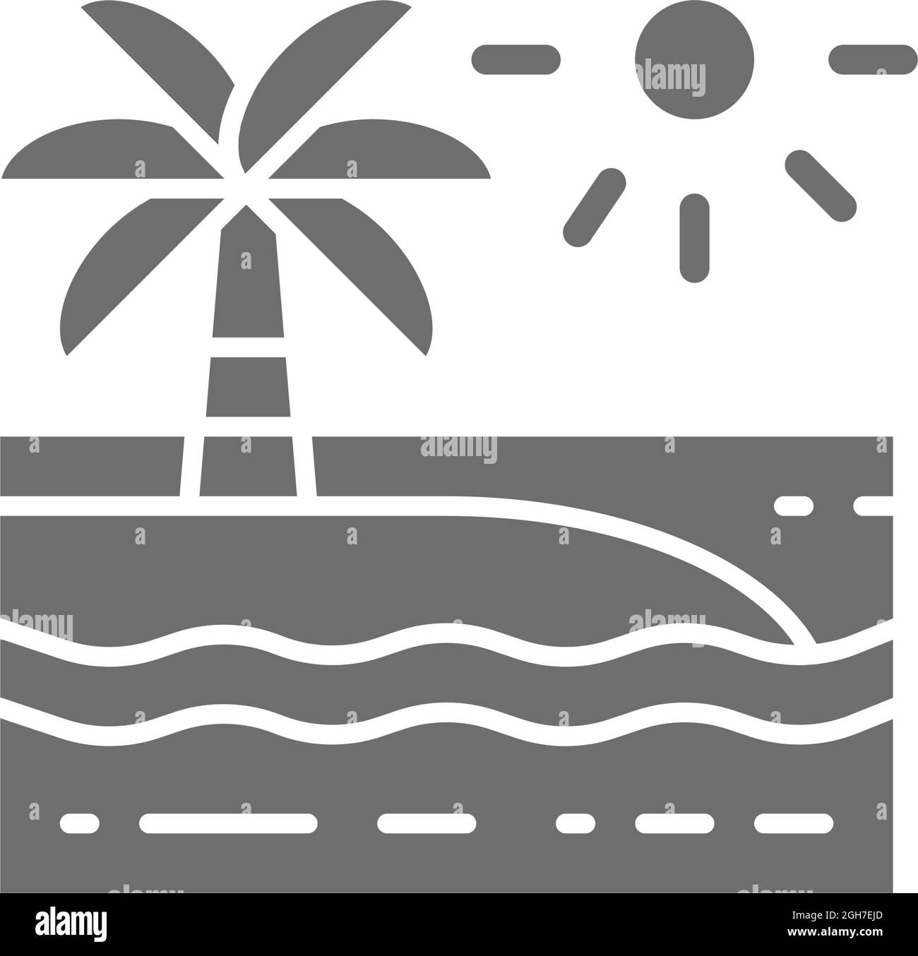 Plage avec palmiers paysage icône grise. Illustration de Vecteur